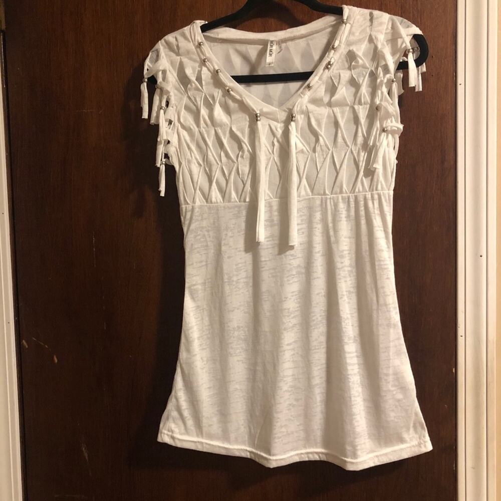 Fringe and Beads Blouse Top Tee Shirt T-Shirt Mür Mür White V-Neck Size S - Picture 11 of 12